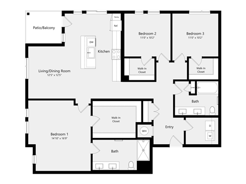Floor plan for 3 beds, 2 baths, 1302 sqft